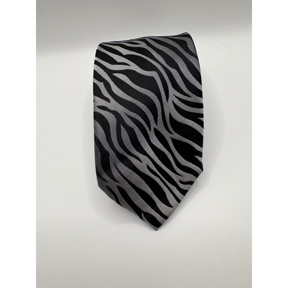 Mario Ferrari Mens Silk Necktie Black Silver Gray Zebra Animal Print Tie